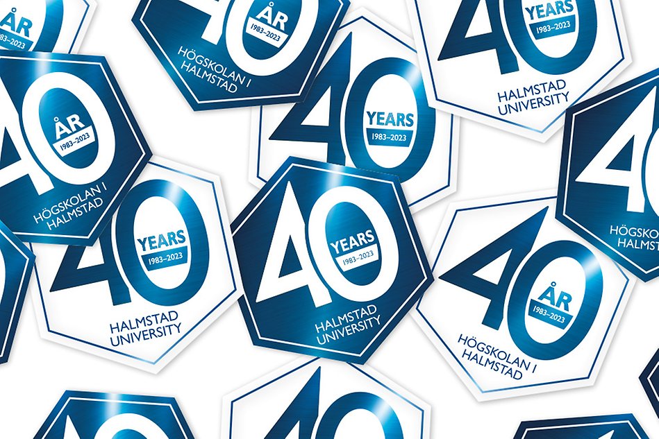 Several of the same logo with the number 40 on it, with Halmstad University and 1983-2023 written in the zero. Illustrated picture in white and blue.