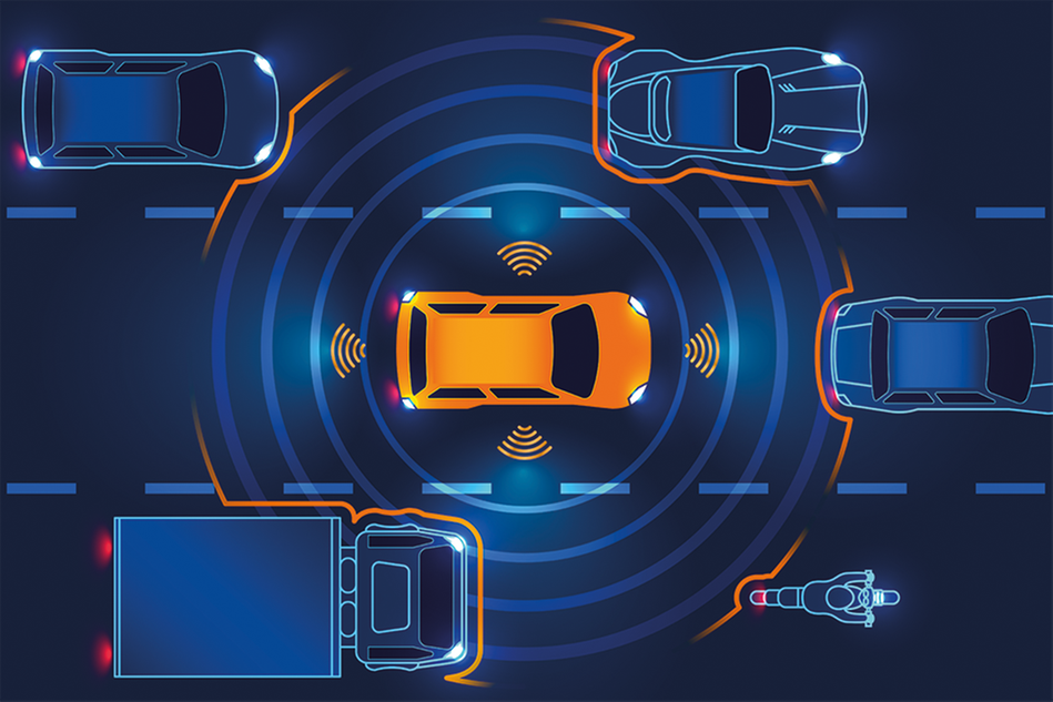 Illustration of a street from above, with an orange car in the middle communication with the other cars through wireless signals.