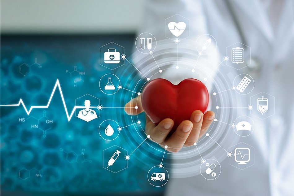 Illustration of a doctor holding a heart with a number of health-related symbols around it.