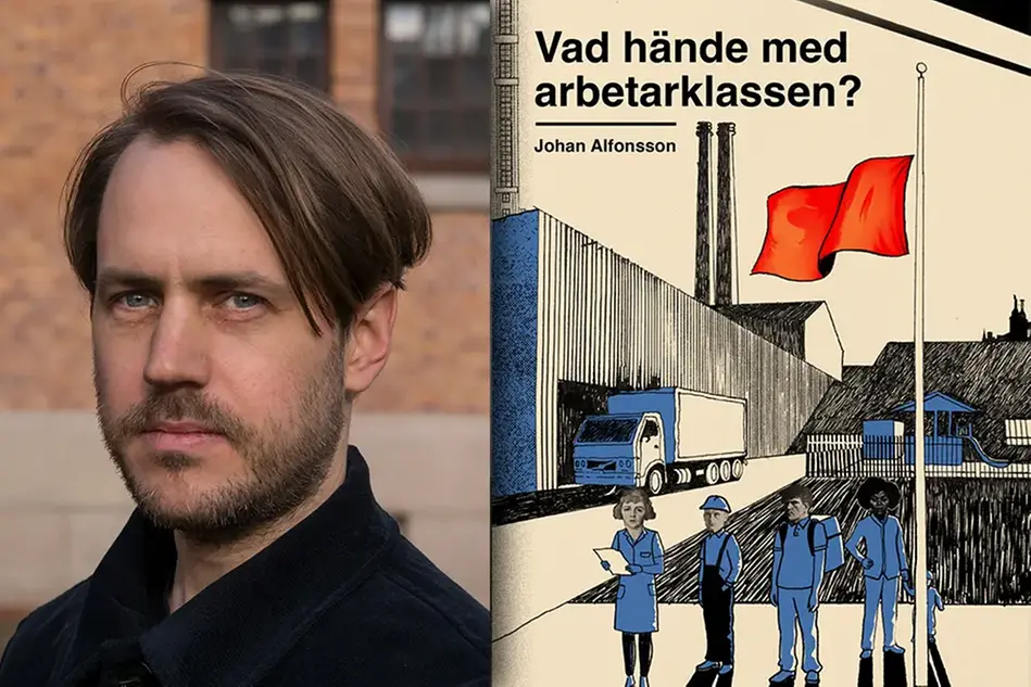 Bilden föreställer ett montage där ett porträtt av en person med svart skjorta syns till vänster och ett omslag till en bok syns till höger.