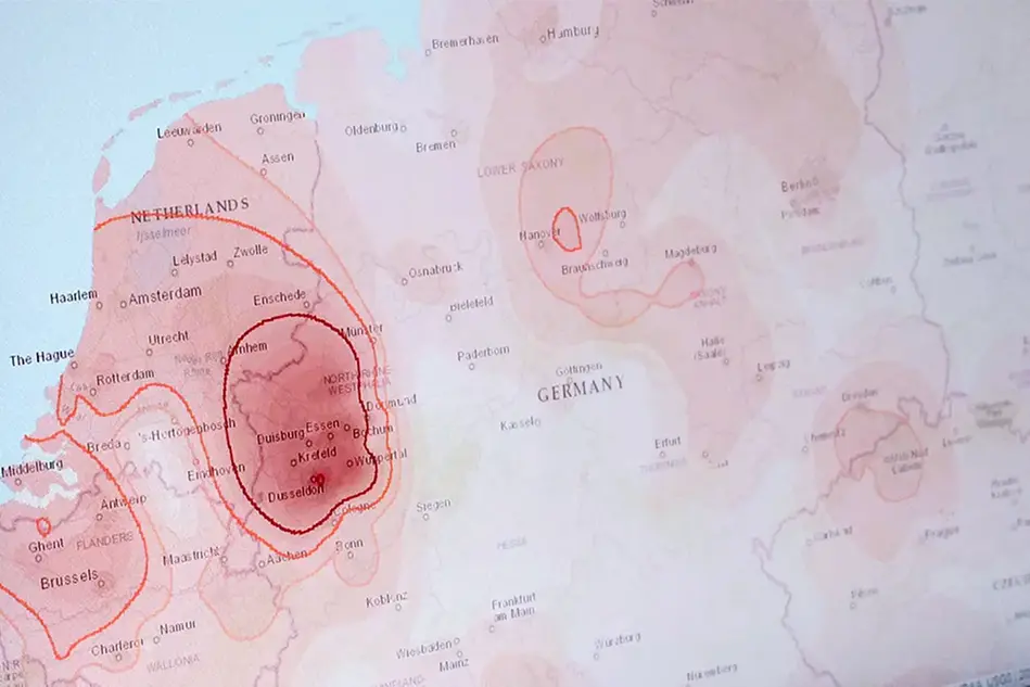A map of central Europe with different red areas on it.