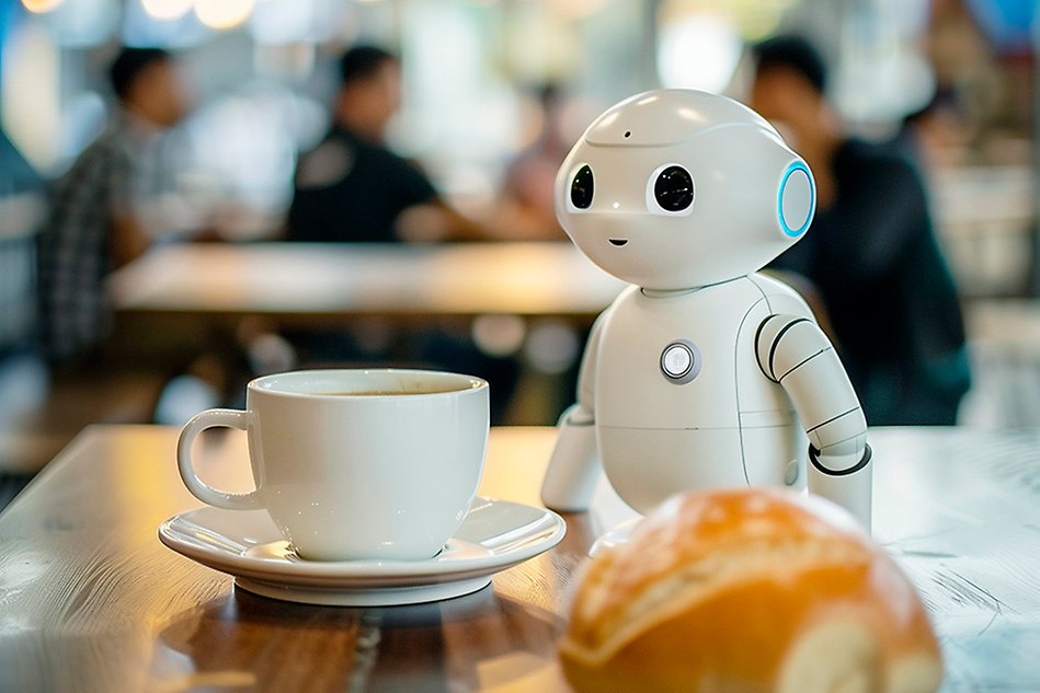 kaffekopp, fralla och liten robot