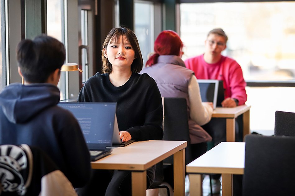 A group of students are sitting at campus, studying. One girl is looking into the camera. Photo.