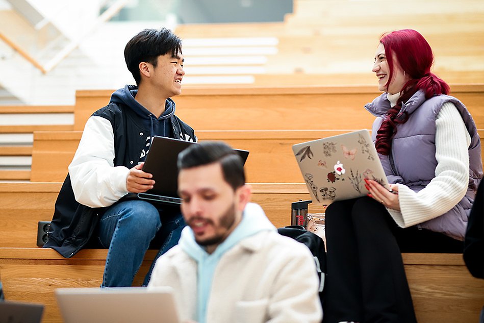 A group pf students are sitting on the stairs talking to each other and smiling with laptops in their hands. Photo.