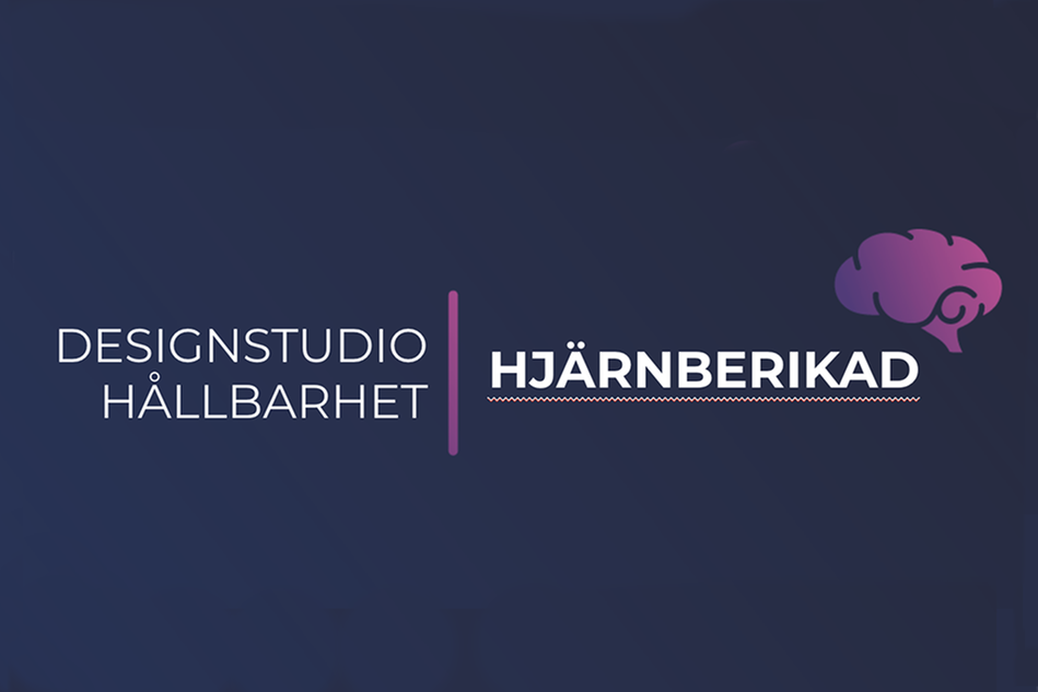 Mörklila färgplatta med texten Designstudio hållbarhet Hjärnberikad.