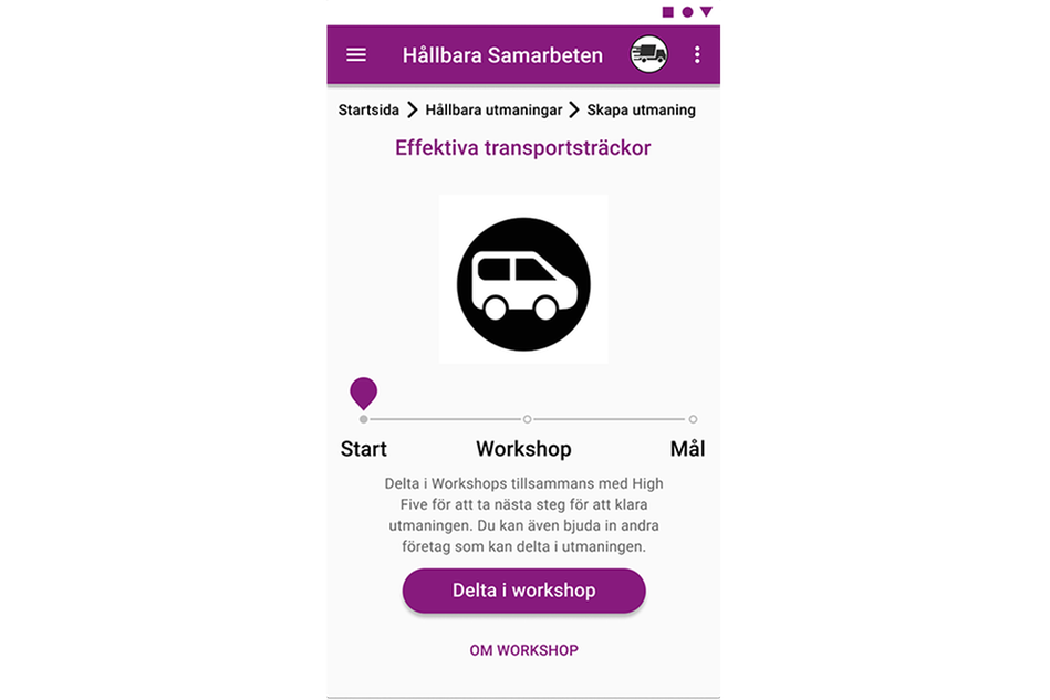 Skärmbild över mobiltelefon med webbsida som visar en lastbilsikon och funktion för att skapa hållbara transportsträckor.