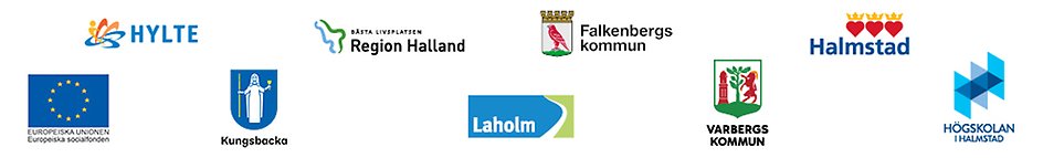 Logotyper för Hylte kommun, europeiska socialfonden, Kungsbacka kommun, Region Halland, Laholms kommun, Falkenbergs kommun, Varbergs kommun, Halmstads kommun och Högskolan i Halmstad