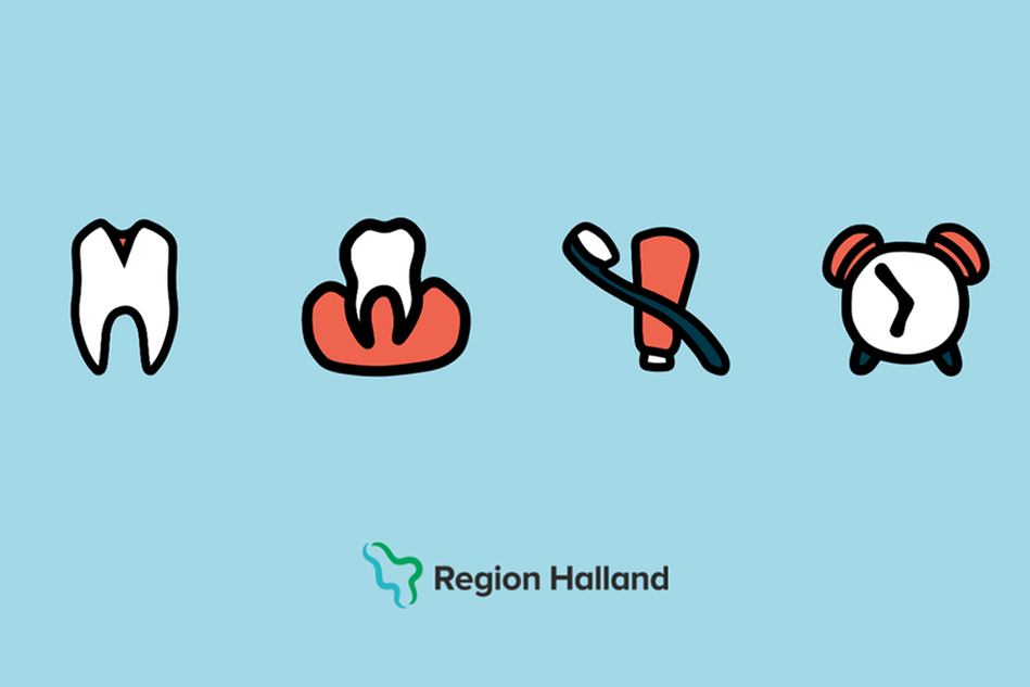Fyra symboler på rad: en tand, en tand som sitter fast i en röd massa, en tandborste och en tub samt en analog väckarklocka. Region Hallands logotyp syns under symbolerna. Illustration. 