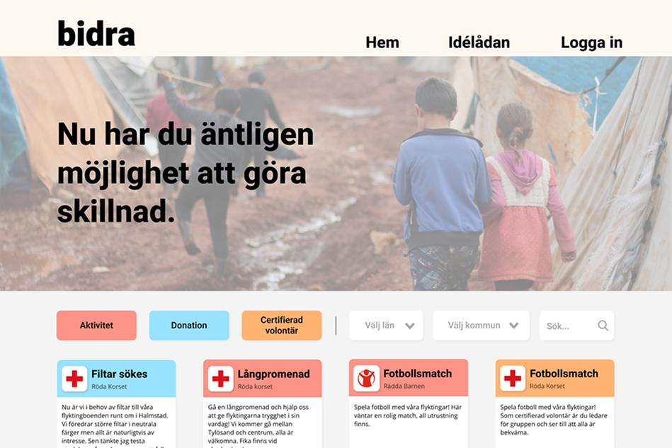 Visning av en webbplats med en stor bild på barn bakifrån som går bland tält. Bilden är något tonad i vitt med texten ”Nu har du också möjlighet att göra skillnad”.