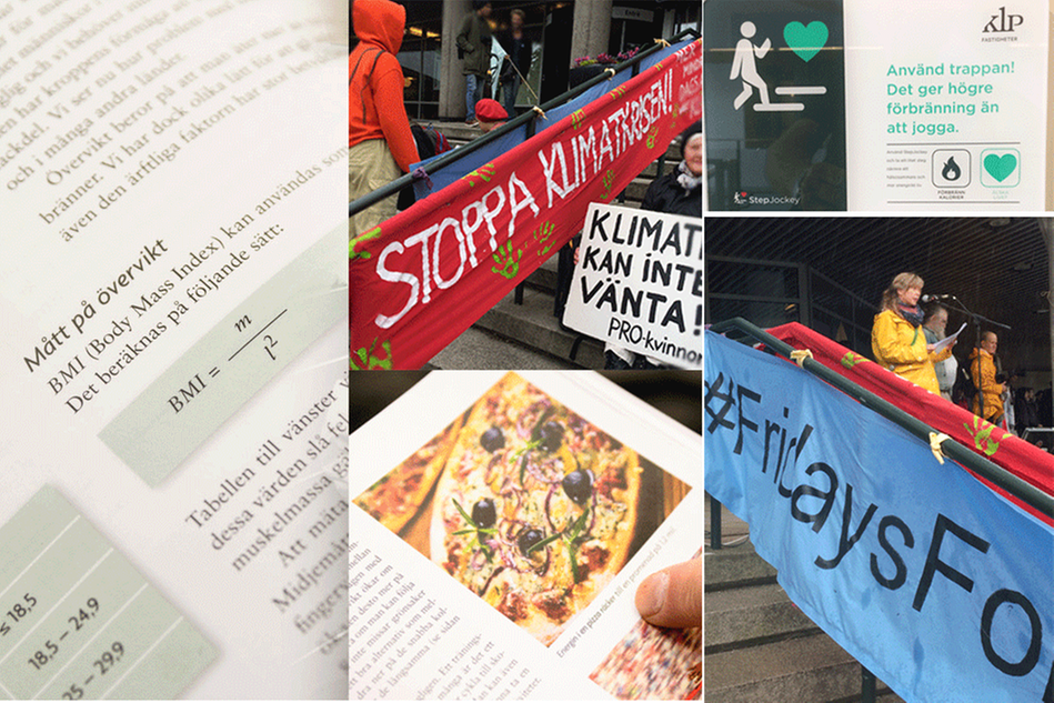 Collage av bilder, text om BMI, bild på pizza, klimatdemonstrationer och en skylt om att gå i trappan för kaloriförbränningens skull.