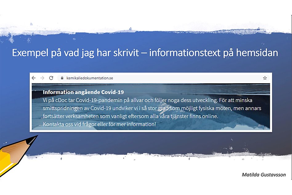 Blå bild, en penna i vänstra nedre hörnet. Text, Exempel på texter jag skrivit - och även en inklippta faktaruta om covid19.