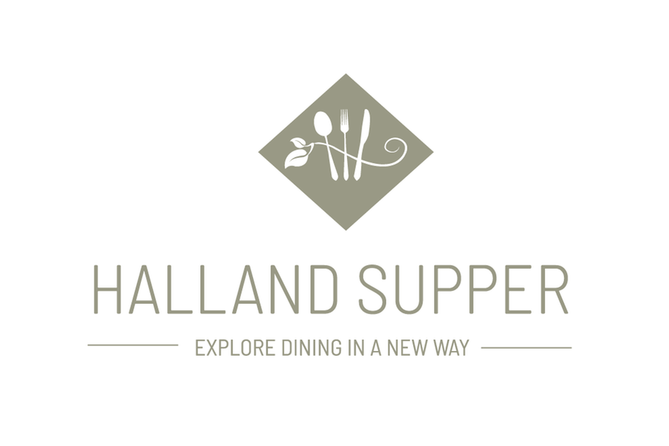 Vit bakgrund med en symbol med bestick och texten "Halland Supper – explore dining in a new way".