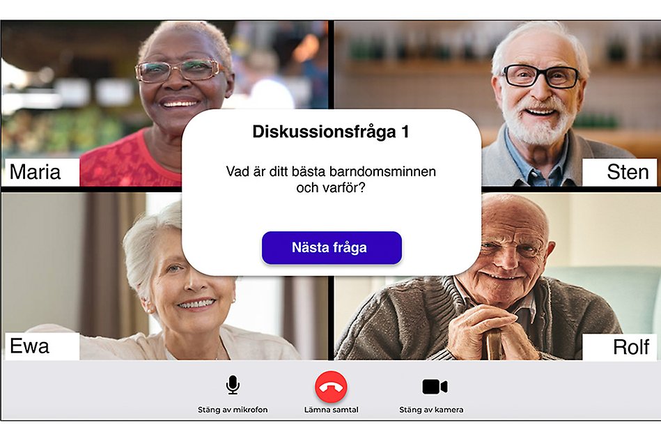 Videosamtal mellan fyra äldre personer, platta med texten "Diskussionsfråga 1: Vad är ditt bästa barndomsminne och varför?" visas framför personerna i bild.