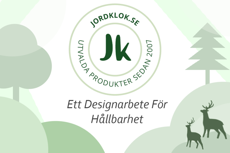 Illustration av skog med två hjortar, logotyp för företaget Jordklok samt texten Ett designarbete för hållbarhet.