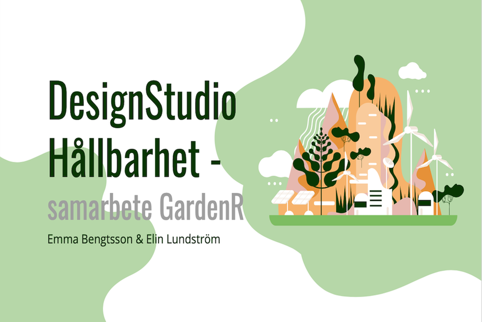 Illustration av natur med solceller och vindkraftverk. Texten Designstudio hållbarhet – samarbete GardenR.