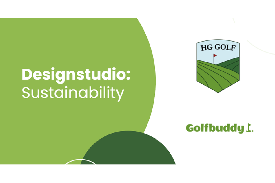 Grön och vit bakgrund, texten Designstudio sustainability samt logotyp för HG Golf.