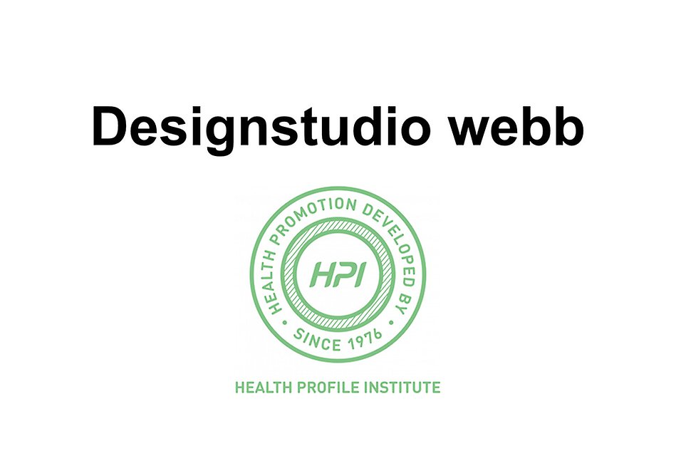 Vit bakgrund med text Designstudio webb, samt logotyp för företaget Health Profile Institute.