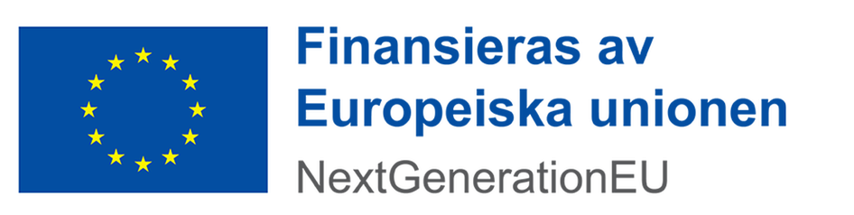 En EU-flagga till vänster och till höger syns texten ”Finansieras av Europeiska unionen – NextGenerationEU”. Grafik. 