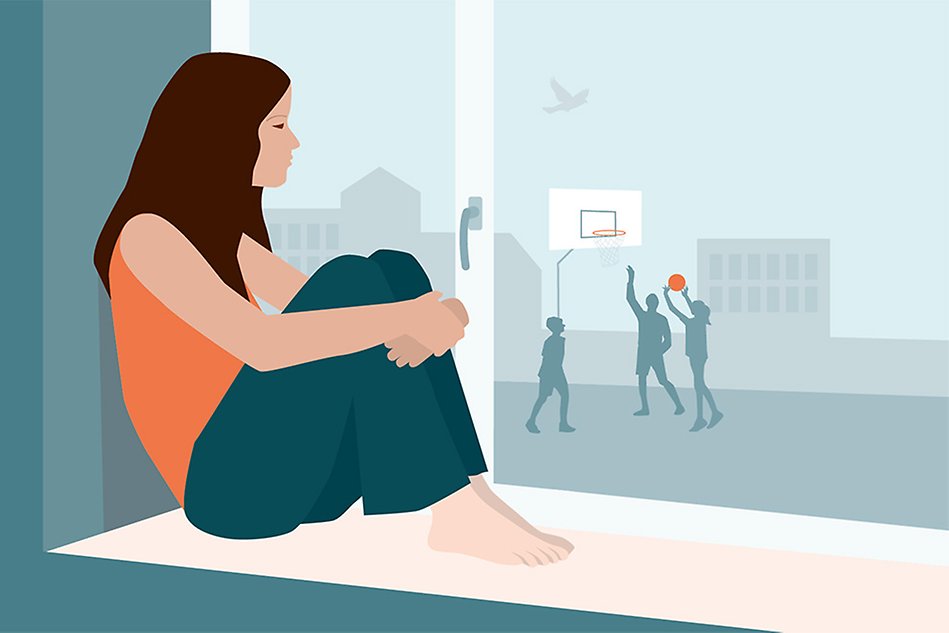 Flicka sitter i ett fönster och tittar på personer som spelar basket. Illustration.