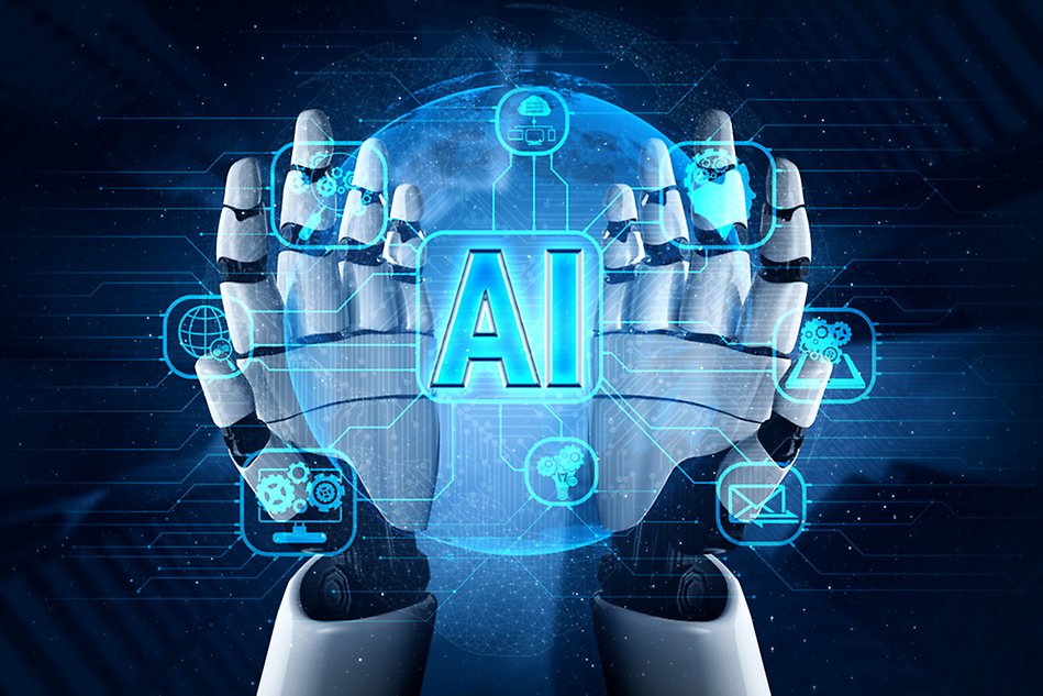 Robothänder håller i bokstäverna AI.