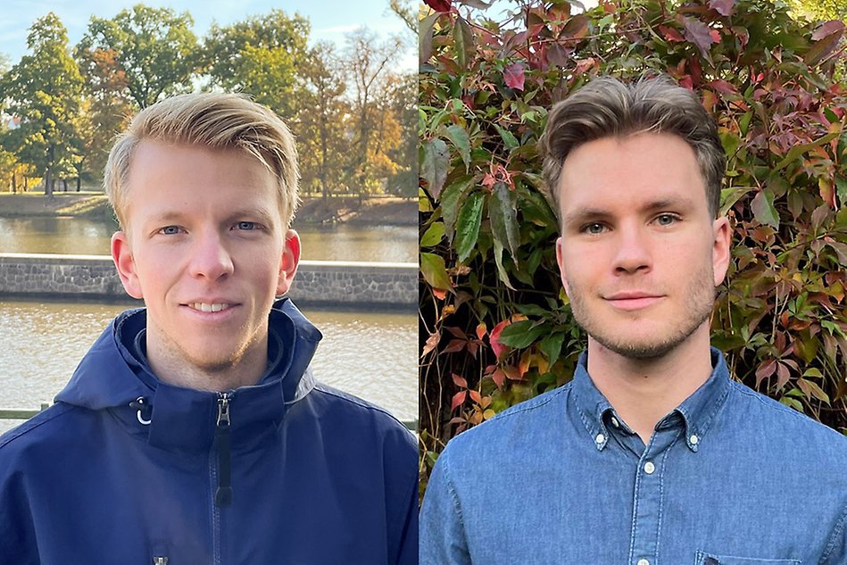 Två olika porträtt på två män utomhus i ett kollage. Den ena är blond och kortklippt och har på sig en blå jacka. Den andra är mörkblond och bär en blå jeansskjorta. Foto.