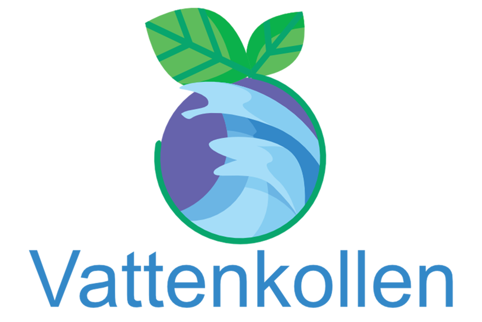 Logotyp med vågor och gröna blad, under den texten Vattenkollen.