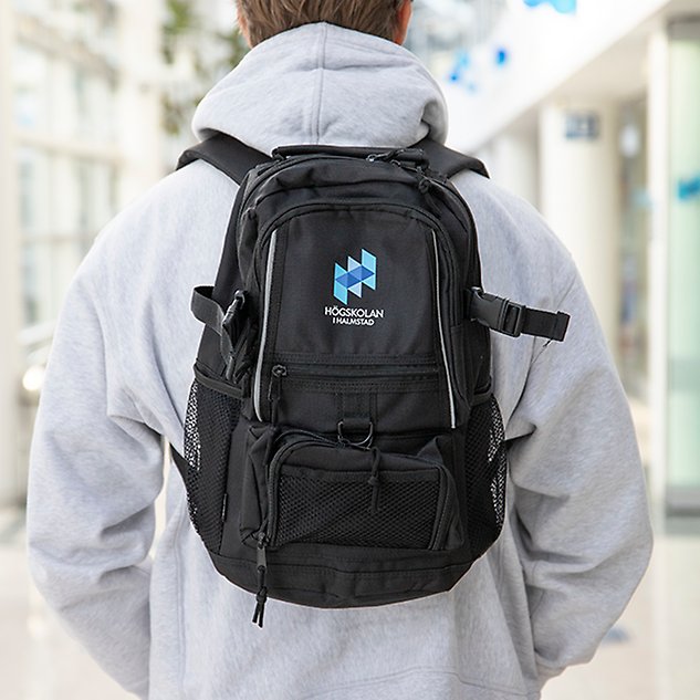 A person, seen from behind, carries a black backpack. Photo.