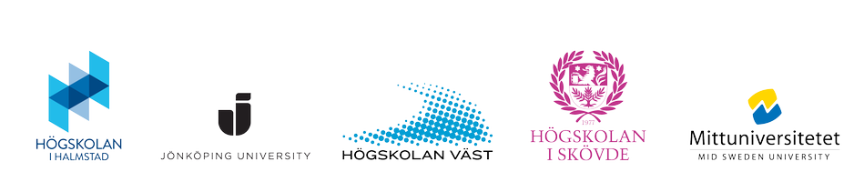 Logotyper för Högskolan i Halmstad, Jönköping University, Högskolan Väst, Högskolan i Skövde och Mittuniversitetet