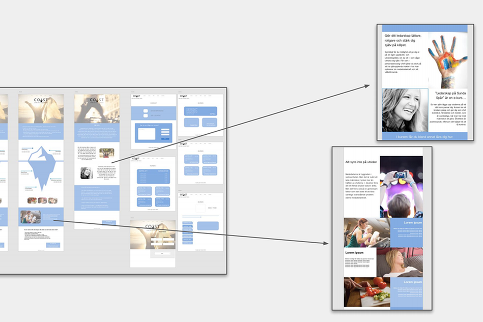 Kollage med skärmdump på webbsida med inläggsflöde, pilar som pekar på två mindre skärmdumpar med liknande flöden. Illustration.