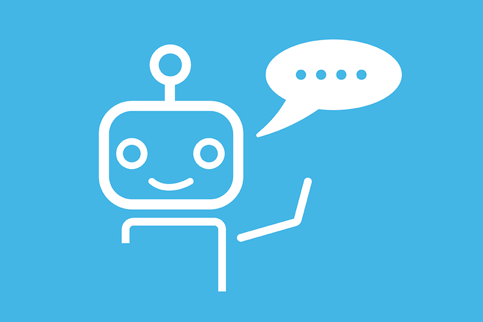 Illustration av robot och en pratbubbla mot blå bakgrund.