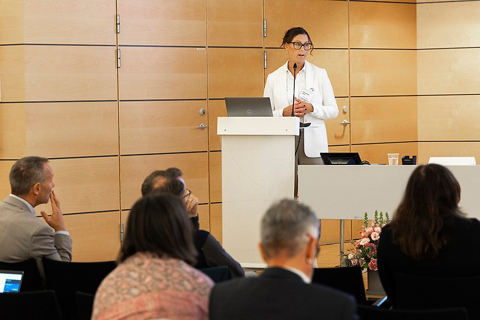 En person står bakom ett podium och talar. I förgrunden publiks om lyssnar med ryggen mot kameran. Foto