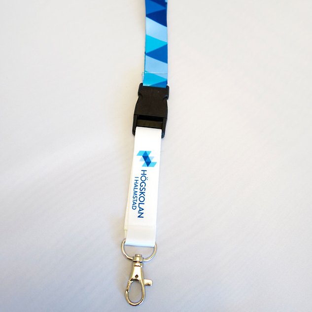 A ribbon in a white and blue pattern with the text ”Halmstad University” in Swedish. Photo.