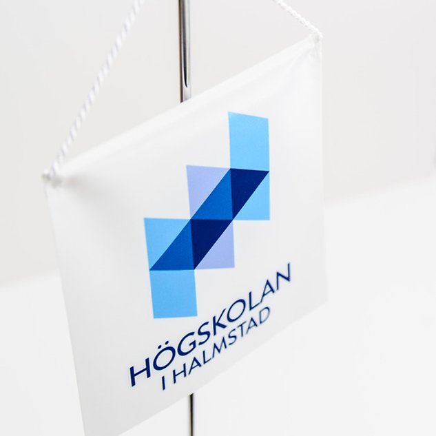 A white flag with the University's Swedish logo on it. Photo.