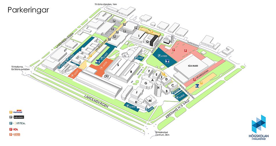 Map showing where the different parking spaces on Campus are located and which operators are responsible for which parking spaces. Illustration.