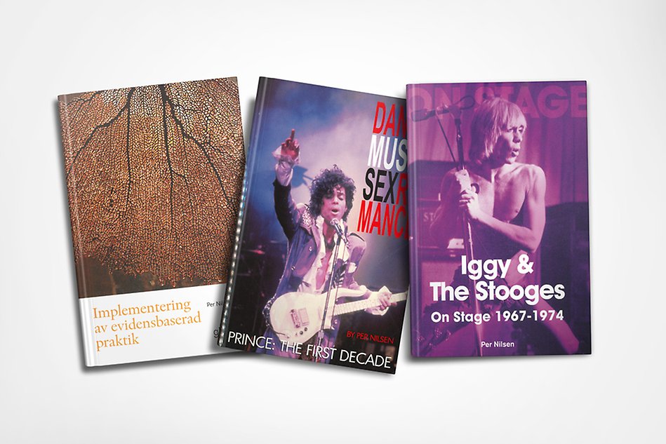 Three book covers on Implementation science, Prince and Iggy & the Stooges.