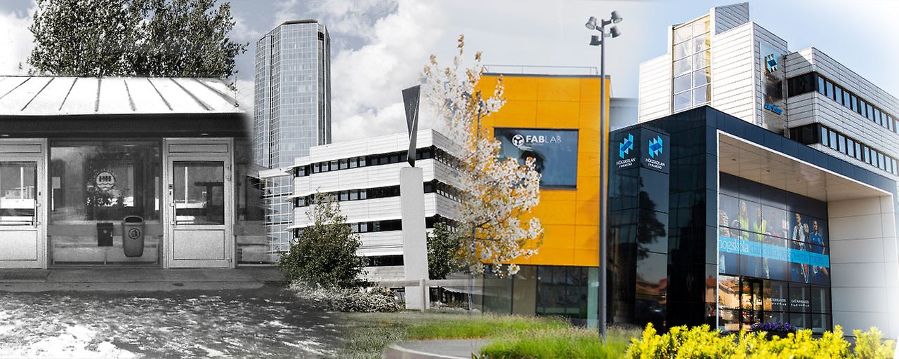 A collage of four different buildings from left to right, where the color gradually shifts from black and white to color. Photo.