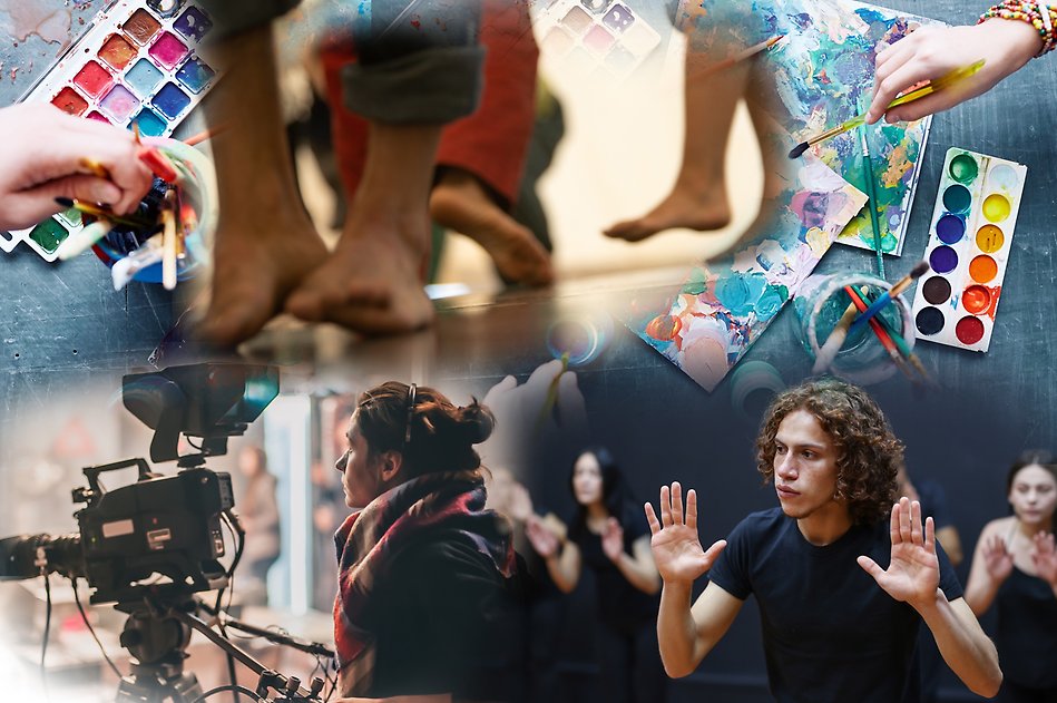 Ett montage av bilder som visar färgpaletter, händer som håller i penslar, en kvinna som filmar med en filmkamera, barfota fötter som rör sig över ett golv och en en grupp som deltar i dramaövning. Foton