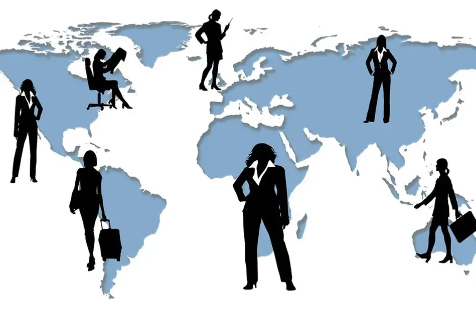 Animated picture with a world map. People are placed in different parts of the world. Some carrying briefcases, some on the phone. Illustration.