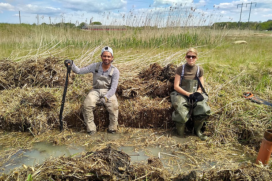 Two people sitting in a wetland