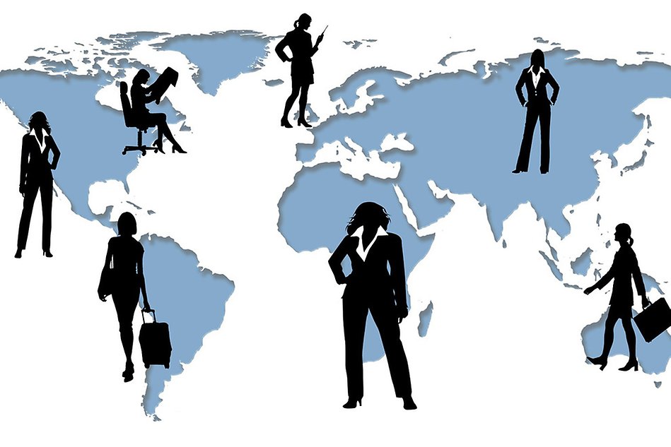 World map with black silhouettes of women dressed in suits. 