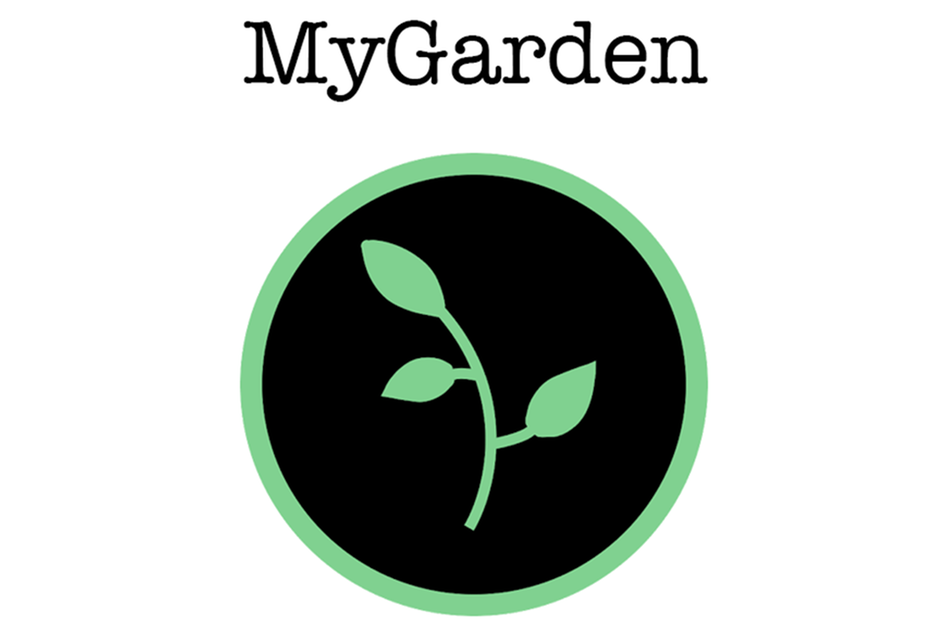 Symbol som visar en grön växt mot en svart cirkel, texten MyGarden står ovanför symbolen. Illustration.